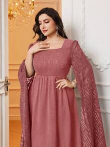 Modelyn Plus Size Solid Color Shirred Side Split Sleeve Dress, Ideal For Banquets, Wedding/Occasion/Ceremony/Evening Elegant Long Party Dress - Rusty Rose - View 4