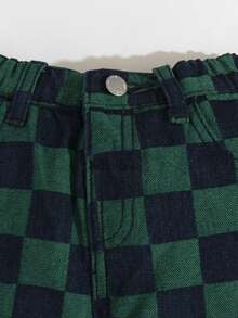 SHEIN Young Boy Green Fashionable Casual Checkerboard Design Denim Long Baggy Boy Jeans For Vacation And Dailywear Cute Summer Clothes For School - Multicolor - View 8