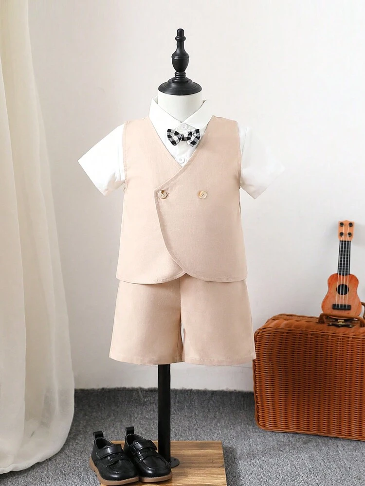 3pcs Boys' Gentleman Style Suit, Short Sleeve Shirt And Fashionable Shorts Set