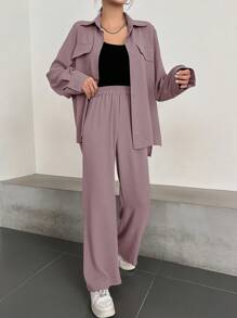 DAZY Women's Spring/Summer Casual Solid Color Long Sleeve Shirt And Pants Two Pieces Set,Fall Women Clothes