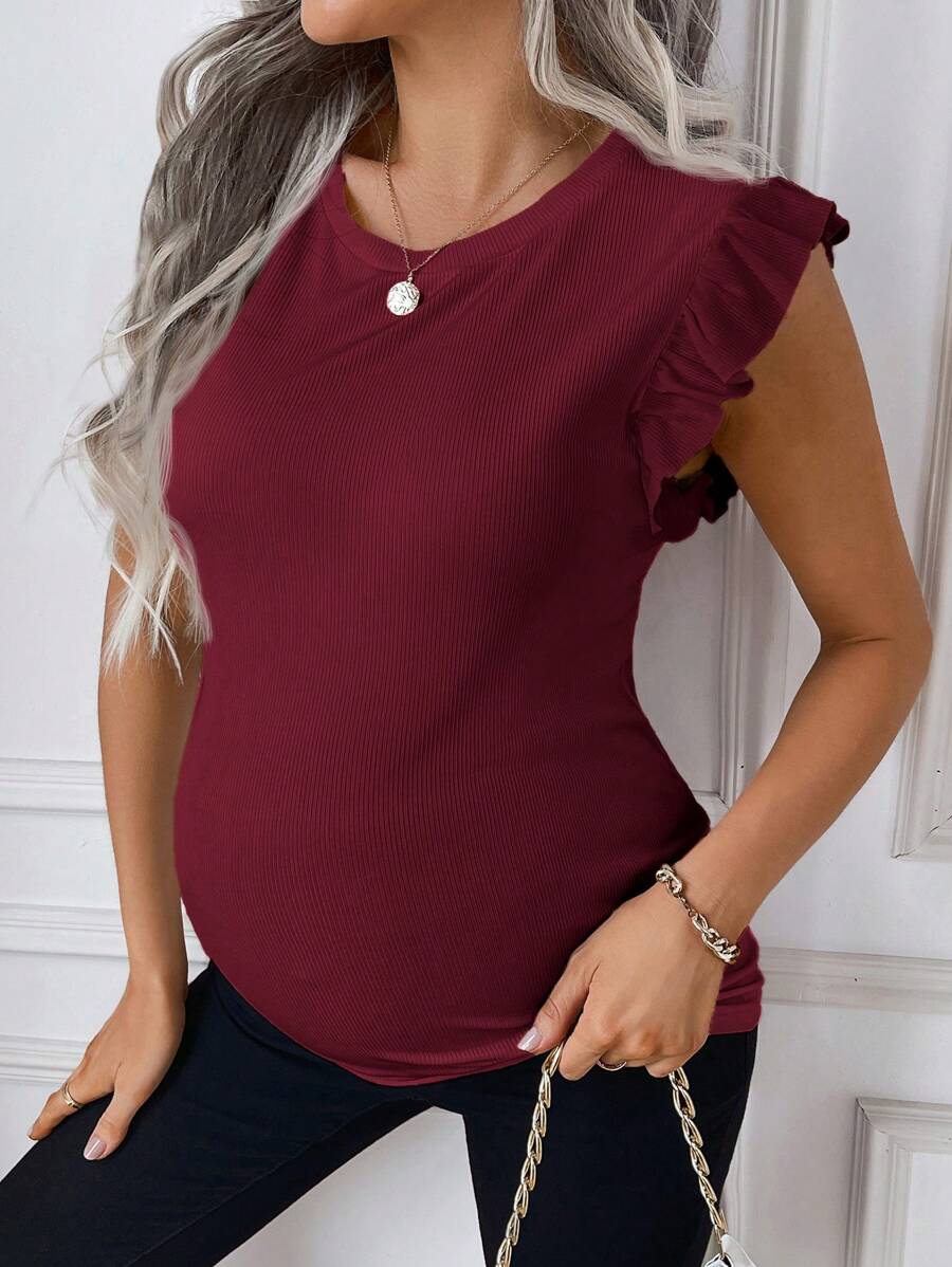 SHEIN Maternity Plain Crew Neck Cap Sleeve Casual Ribbed T-Shirt - Burgundy - View 1