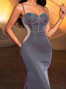 Glamrae Elegant Gradient Knitted Slim Strap Bra Cup With Rhinestone Decoration Side Cutouts Sexy See-Through Sheer Fabric High-Waist Cinched Mermaid Dress With Long Train, Perfect For Graduation Season, Wedding Season, Vacation, Singles Party And Evening Events