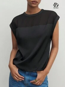 BizChic Women's Summer Solid Color Round Neck Mesh Contrast Batwing Short Sleeve Loose Shirt