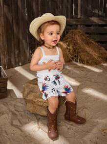 Baby Girl Casual Embroidered Floral Camisole Top With Vacation Style Shorts Set