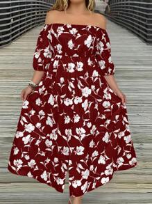 SHEIN Holidaya Plus Size Floral Allover Print Off-Shoulder Dress With High Slit For Vacation And Casual Occasions - Multicolor - View 3