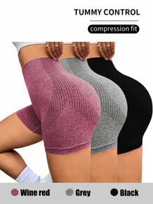 SHEIN Sport Studio 3pcs Solid Color High Waisted Seamless Tummy Control Athletic ShortsWomen Sweat Short, Gym Short, Biker Short