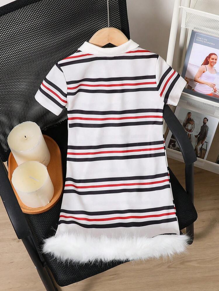 Young Girls Casual Fashionable White Fluffy Polo Collar Dress With Classic Red & Black Striped Design, Ideal For Spring And Summer Sports And Fashion