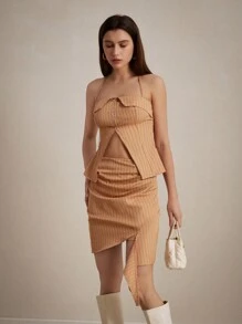 SHEIN Privé Random Vintage College Style Striped Off-Shoulder Top With Split Foldover Collar And Ruched Bodycon Mini Skirt Two-Piece Set - Brown - View 6