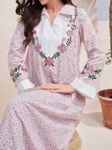 Al Najma 印花休闲日常长袖阿拉伯朴素连衣裙 - 粉色 - 查看 7