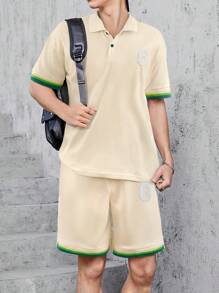 Teenage Boys' Colorful Woven Tape Patchwork Baseball Polo Short Sleeve Shirt And Shorts Knitted Set, Apricot