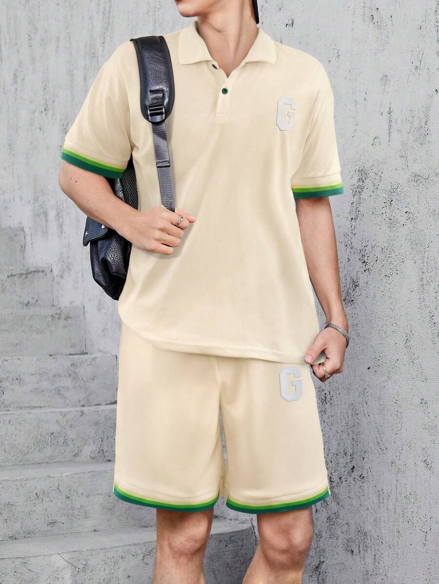 Teenage Boys' Colorful Woven Tape Patchwork Baseball Polo Short Sleeve Shirt And Shorts Knitted Set, Apricot
