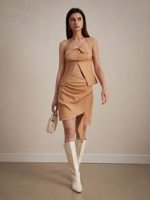 SHEIN Privé Random Vintage College Style Striped Off-Shoulder Top With Split Foldover Collar And Ruched Bodycon Mini Skirt Two-Piece Set - Brown - View 1