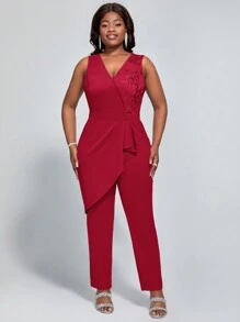 SHEIN Lady Macacão Vermelho Elegante e Delicado com Babado e Alças Largas para Mulheres Plus Size - Vermelho - Visão 3