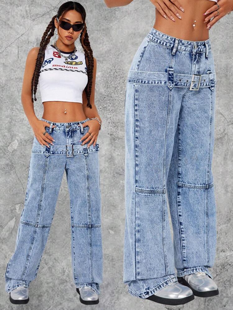 SHEIN ICON Women s Corn Buckle Design Casual Washed Straight Leg Jeans