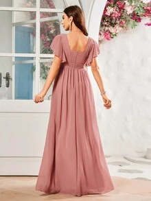 Vestidos De Dama De Honor Con Cuello Corazón Y Mangas Con Volantes De Tela De Gasa - Rosa - Ver 2