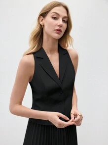 BizChic 2025 Summer Women's Apricot Solid Color Sleeveless Lapel Vest & Skirt Set, Romantic Elegant Everyday Fashion Business Casual Commuter Chic Vintage Style Women's Casual Suit, Women's Office Wear In Fall/Winter - Black - View 5