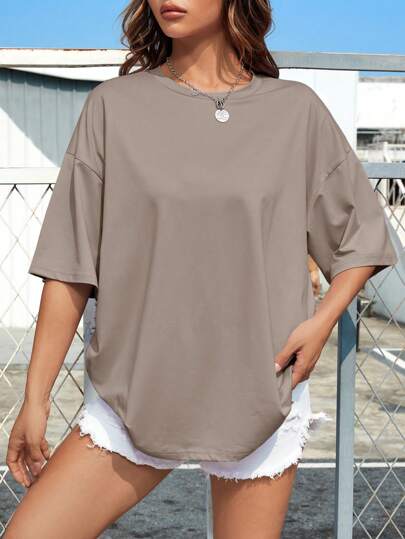 INAWLY Solid Drop Shoulder Tee