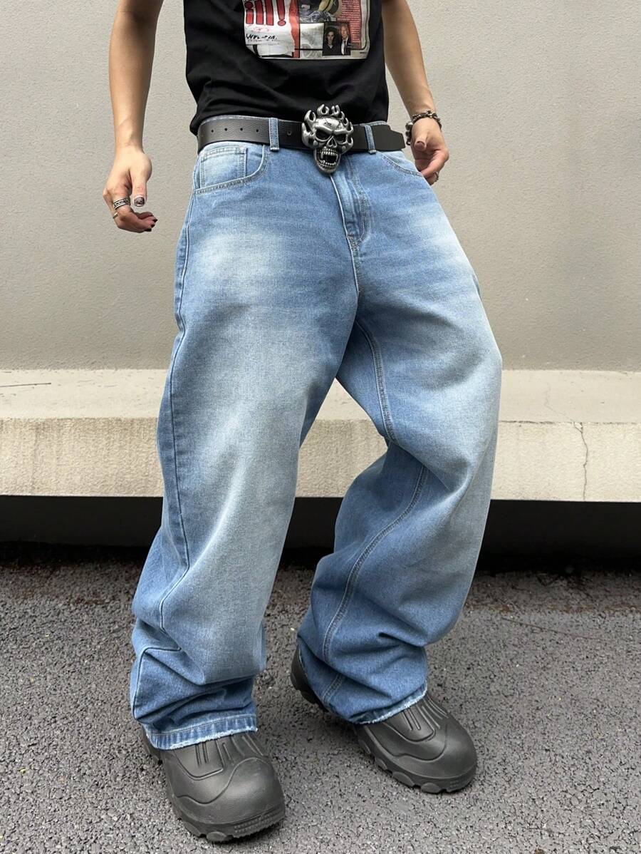 Manfinity EMRG 男士纯色简约风格日常牛仔裤，纯色牛仔裤长款宽松浅蓝色洗水工装牛仔裤，适合丈夫、男朋友的礼物