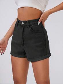 高腰卷邊牛仔短褲 - 黑色 - 查看 3