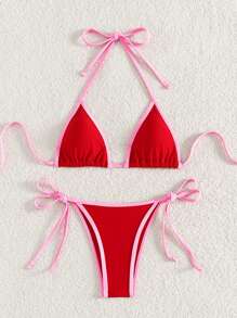Swim Mod Conjunto de bikini 2023 para mujer con bloqueo de color, cuello halter y lazo, sexy para verano - Rojo - Ver 4