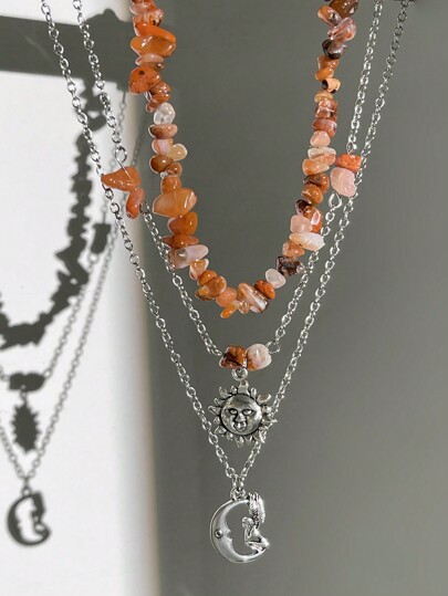 Hippie Set de 3 piezas de collares con dije de luna y sol, con cuentas de cristal, modernos y simples