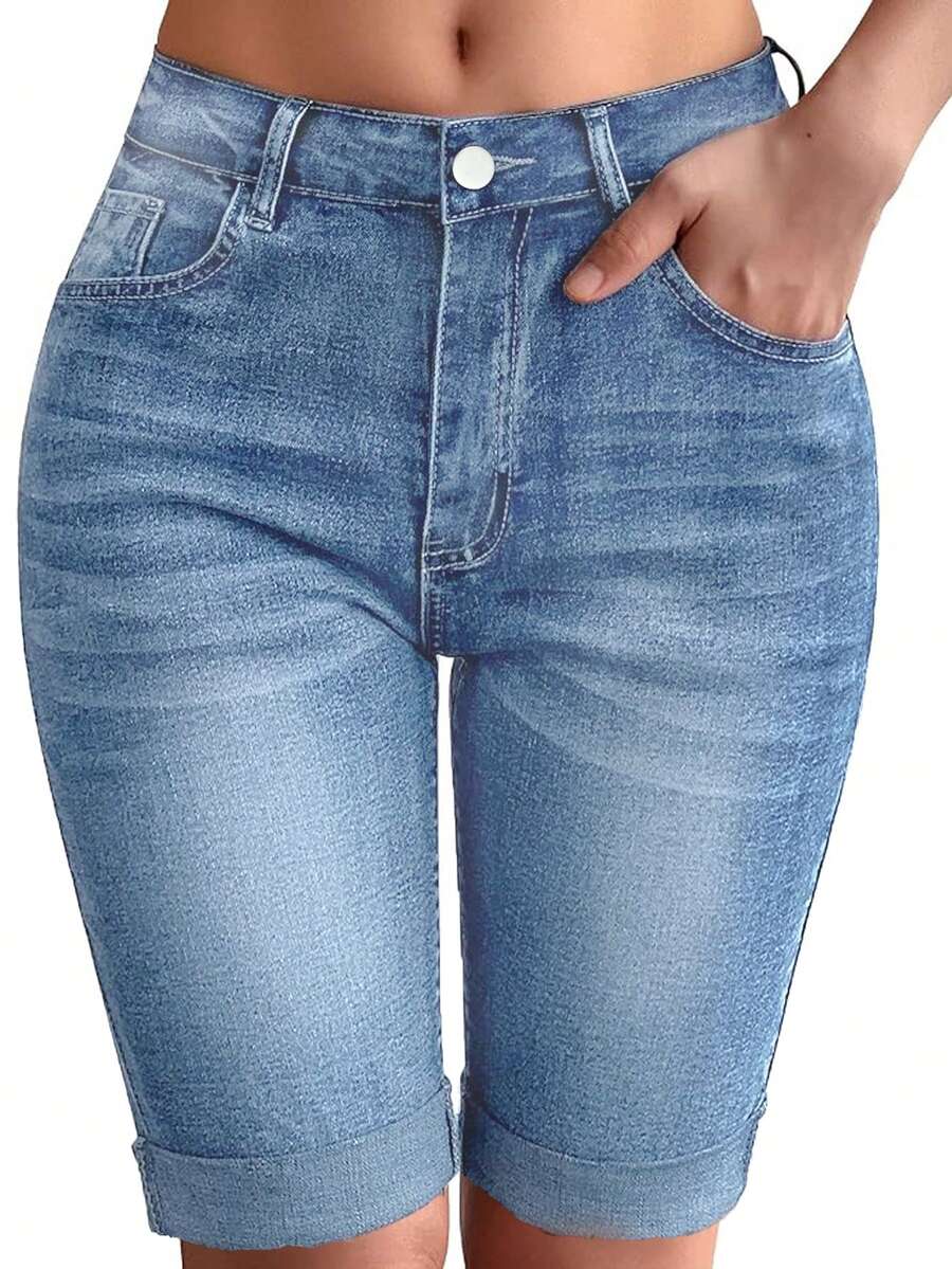 Washed Tight Stretch Cycling Shorts - Light Wash - View 1