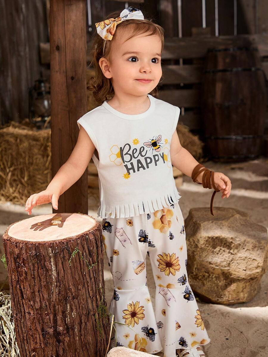 SHEIN Bộ trang phục mùa hè cho bé gái Áo không tay in hình con ong và quần ống loe - trắng - Xem 1