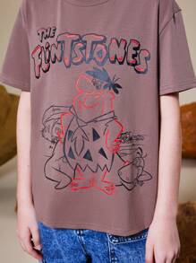 THE FLINTSTONES | SHEIN Camiseta casual de manga corta y talla amplia con personaje de dibujos animados y estampado de letras para niña preadolescente, verano