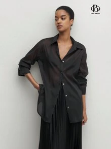 BizChic Damen Schwarzes durchsichtiges Hemd mit Kragen, mittellanges weites Hemd