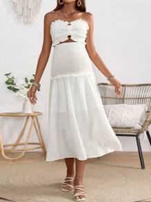 SHEIN 孕妇优雅度假露肩抹胸弹性腰带紧身裙两件套 - 白色 - 查看 5