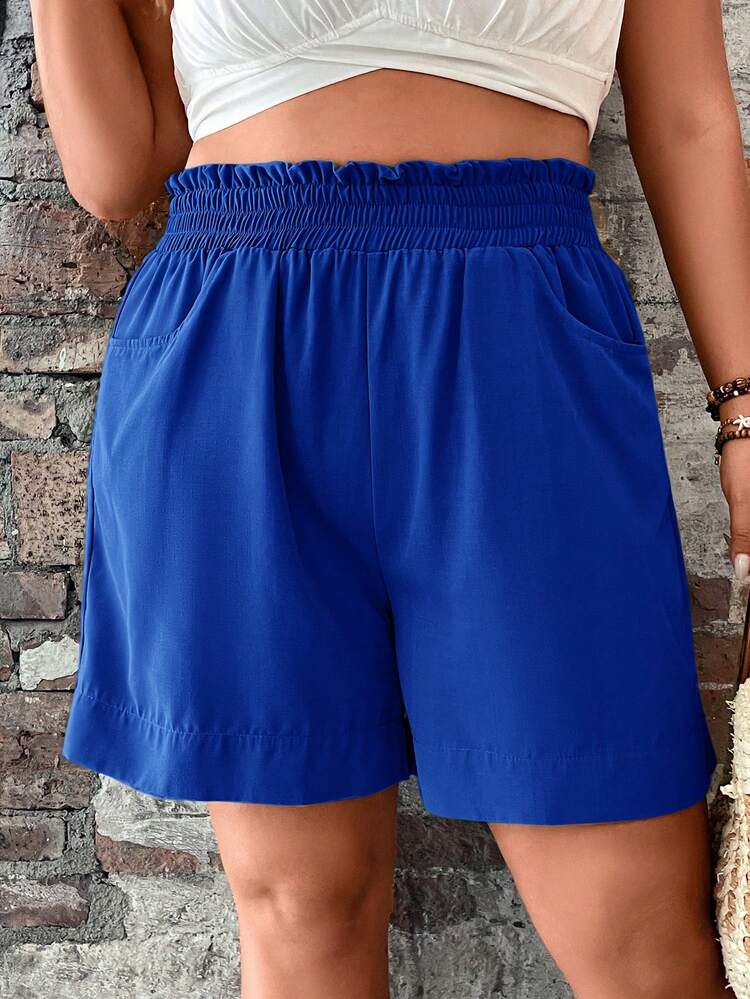 Plus Size Women Solid Color Elastic Waist Pocket Casual Shorts Blue Shorts For Women Royal Blue Short Zumba Skirt Summer Outfit For Women