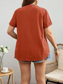 SHEIN LUNE Women's Plus Size Solid Color Simple Daily Short Sleeve Shirt - Rust Brown - View 2