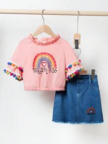 Young Girl Lace Round Neckline Floral Print Applique Bell Sleeve Top & Denim Skirt Set - Pink - View 3