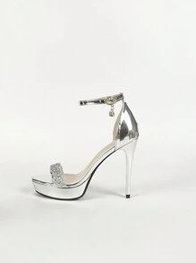 2024 年夏季新款女士高跟凉鞋，银色防水台镶水钻，细跟，闪亮亮片，带扣，优雅晚装时尚鞋情人节 - 銀色 - 查看 8