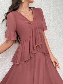 Modelyn 女士簡約純色透明網紗上衣裙子套裝，日常穿著 - 粉色 - 查看 5