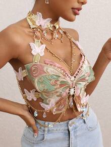 蝴蝶繡花水晶金屬鏈彈性肩帶背心束腰上衣配頸圈 - 粉色 - 查看 4