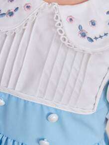 SHEIN Vestido de 2 en 1 con estilo elegante y de princesa para niña, con bloqueo de color, encaje bordado, cuello Peter Pan, mangas abullonadas y longitud hasta la rodilla, adecuado para el verano, volver al colegio, fiestas, actuaciones, reuniones familiares, vacaciones y viajes