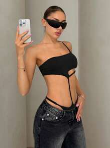 SHEIN ICON Y2k Summer  One Shoulder Hollow Out Bodysuit With Metal Hardware Detail And High Waist For Women