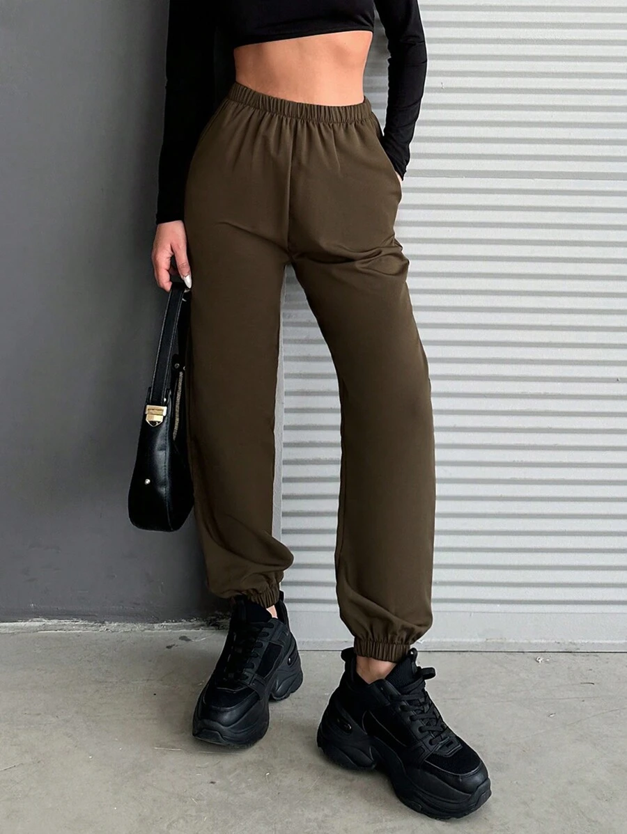 RueChic Elastic Waist Slant Pocket Pants - Brown - View 1