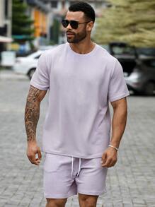 Manfinity Homme Ensemble de t-shirt décontracté pour homme de grande taille à unicolore avec manches courtes et short à cordon de serrage, été