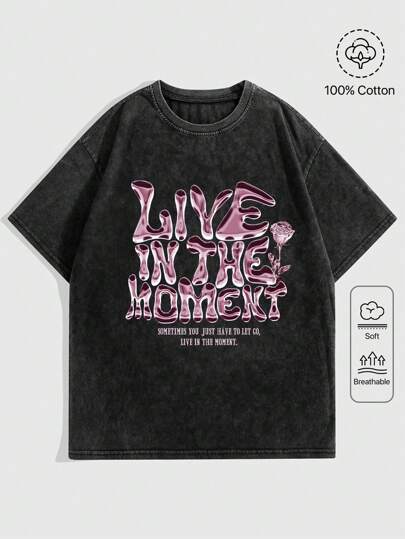 Grunge Punk T-shirt femme d'été avec motifs aléatoires métalliques, roses et acid-wash. "LIVE IN THE MOMENT", École