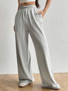 SHEIN Unity 帶補丁細節的休閒寬鬆直筒褲 - 淺灰色 - 查看 4