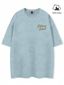 Chillumni 男士寬鬆字樣和圖形圖案垂墜肩短袖T恤 - 淺藍色 - 查看 2