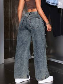SHEIN ICON Women's Casual Wide Leg Loose Fit Jeans With Distressed Pockets