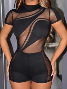SHEIN ICON Women Y2K Summer Short Sleeve Jumpsuits Sheer Mesh Splice Sexy Unitards
