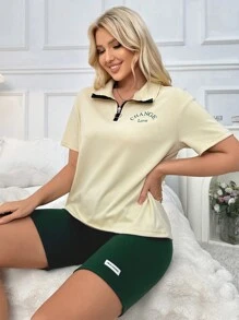 Letter Printed Zipper Half Placket Polo Collar Short Sleeve Top And Shorts Set Sports