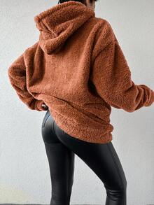 SHEIN Cottnline Kangaroo Pocket Drop Shoulder Fuzzy Hoodie - Ginger - View 2