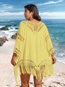 SHEIN VCAY Plus Size Women's Solid Color Simple Daily Kimono With Tassel Decoration Summer