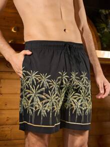 Manfinity Men's Summer Palm Tree Printed Drawstring Waist Beach Shorts