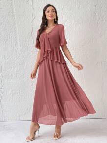 Modelyn 女士簡約純色透明網紗上衣裙子套裝，日常穿著 - 粉色 - 查看 6